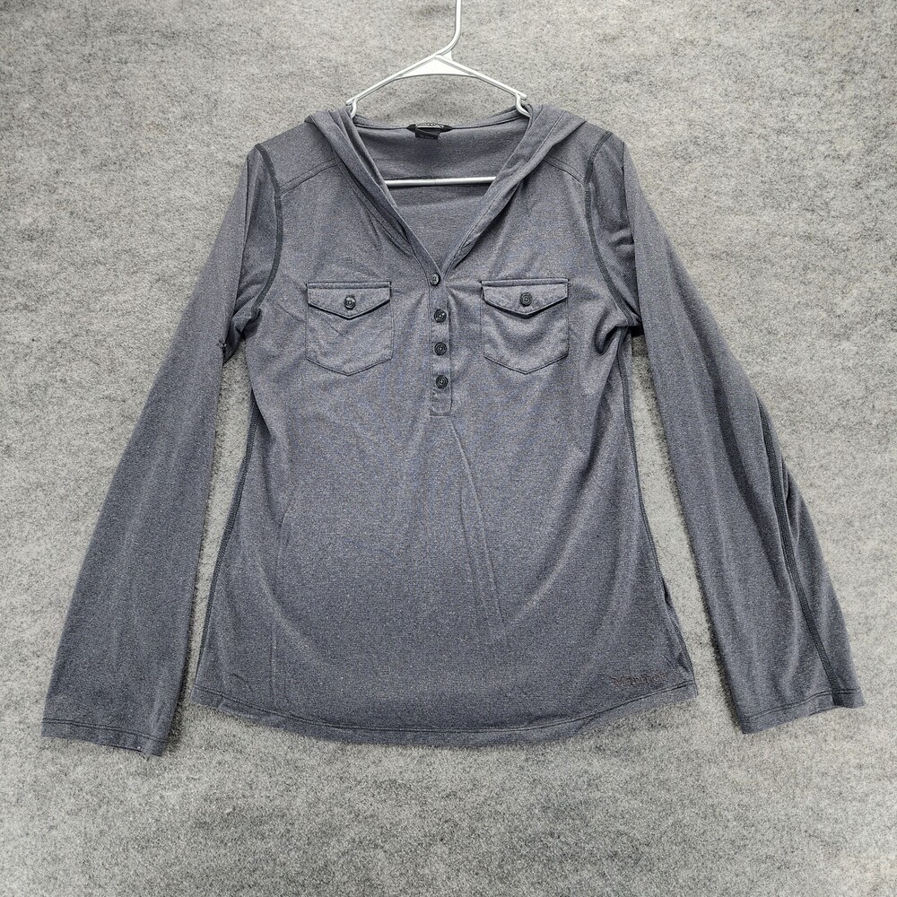 Marmot Shirt Womens Medium Gray Hooded Roll Tab Henley